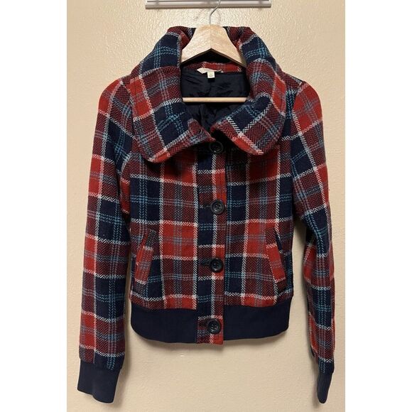 Rubbish Red Blue Tartan Plaid Wool Blend Zip Front Bomber Jacket Women's Size S - Picture 1 of 16